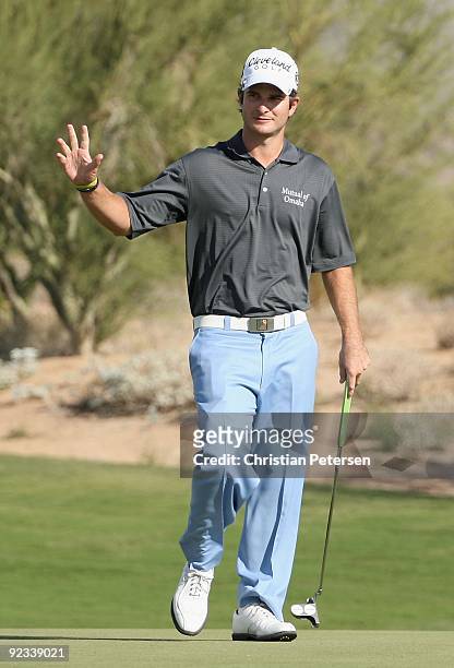 Kevin Streelman reacts to a birdie putt on the first hole green during the first round of the Frys.com Open at Grayhawk Golf Club on October 22, 2009...