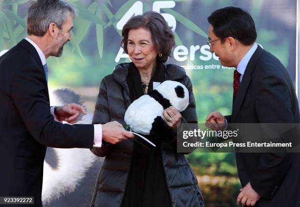 Queen Sofia of Spain attends an official act for the conservation of giant panda bears at Zoo Aquarium on February 23, 2018 in Madrid, Spain.