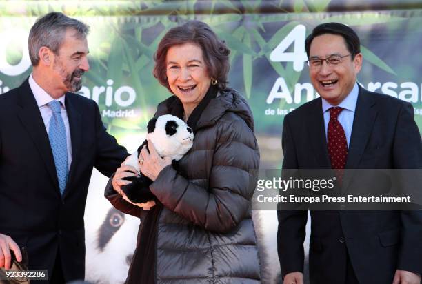 Queen Sofia of Spain attends an official act for the conservation of giant panda bears at Zoo Aquarium on February 23, 2018 in Madrid, Spain.