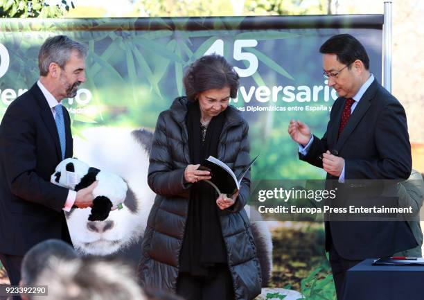 Queen Sofia of Spain attends an official act for the conservation of giant panda bears at Zoo Aquarium on February 23, 2018 in Madrid, Spain.