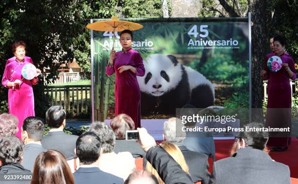 Chinese women attends an official act for the conservation of giant panda bears at Zoo Aquarium presided by Queen Sofia of Spain on February 23, 2018...