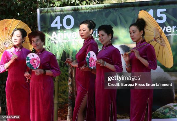 Chinese women attend an official act for the conservation of giant panda bears at Zoo Aquarium presided by Queen Sofia of Spain on February 23, 2018...