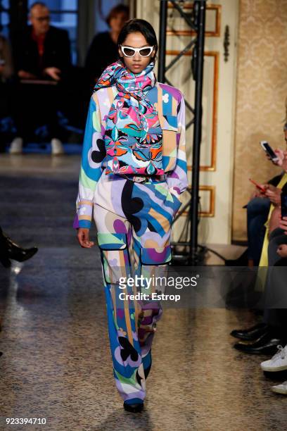 Model walks the runway at the Emilio Pucci show during Milan Fashion Week Fall/Winter 2018/19 on February 22, 2018 in Milan, Italy.