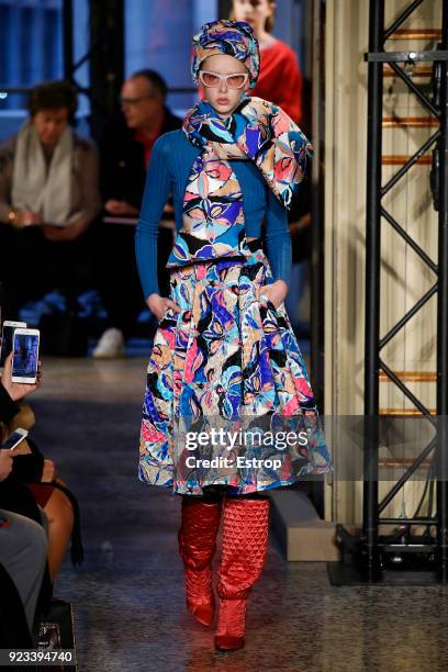 Model walks the runway at the Emilio Pucci show during Milan Fashion Week Fall/Winter 2018/19 on February 22, 2018 in Milan, Italy.