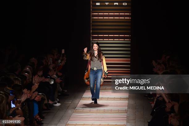 Fashion designer Veronica Etro acknowledges the audience at the end of the women's Fall/Winter 2018/2019 collection fashion show by Etro in Milan, on...