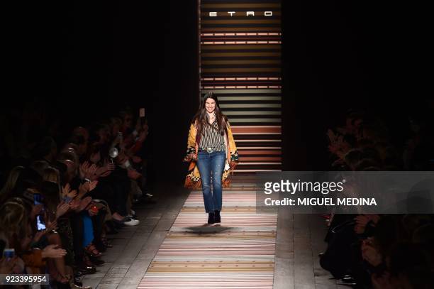 Fashion designer Veronica Etro acknowledges the audience at the end of the women's Fall/Winter 2018/2019 collection fashion show by Etro in Milan, on...