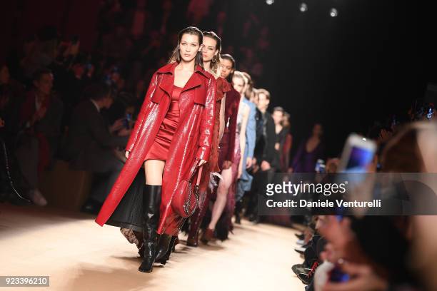Bella Hadid walks the runway at the Roberto Cavalli show during Milan Fashion Week Fall/Winter 2018/19 on February 23, 2018 in Milan, Italy.