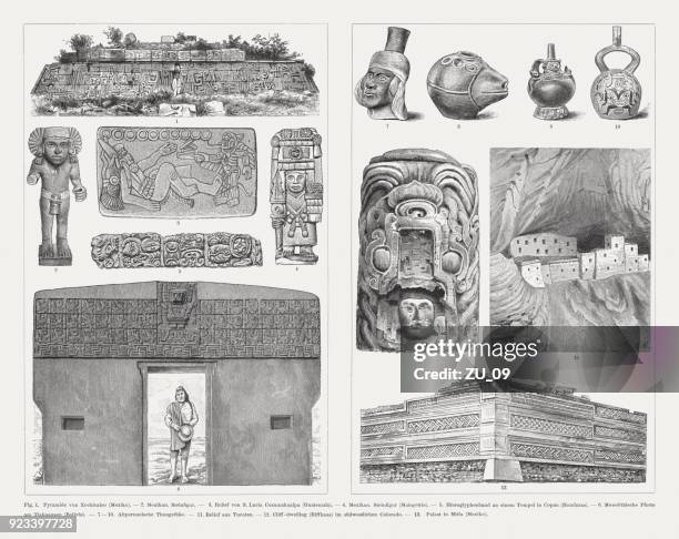 ilustrações de stock, clip art, desenhos animados e ícones de pre-american archaeological finds, wood engravings, published in 1897 - guatemala v united states