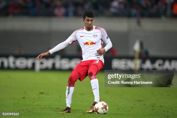 Bernardo of Leipzig runs with the ball during the UEFA Europa League Round of 32 match between RB Leipzig and Napoli at the Red Bull Arena on...