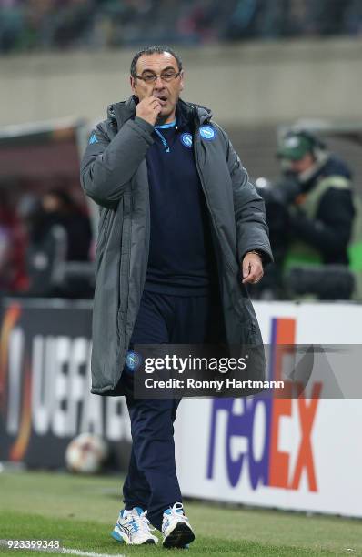 Head coach Maurizio Sarri of Napoli during the UEFA Europa League Round of 32 match between RB Leipzig and Napoli at the Red Bull Arena on February...