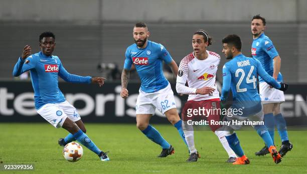 Yussuf Poulsen of Leipzig in action against Amadou Diawara , Lorenzo Tonelli, Lorenzo Insigne and Mario Rui of Napoli during the UEFA Europa League...