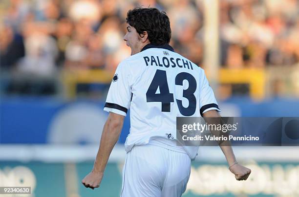 Alberto Paloschi of Parma FC celebrates his goal during the Serie A match between Atalanta BC and Parma FC at Stadio Atleti Azzurri d'Italia on...