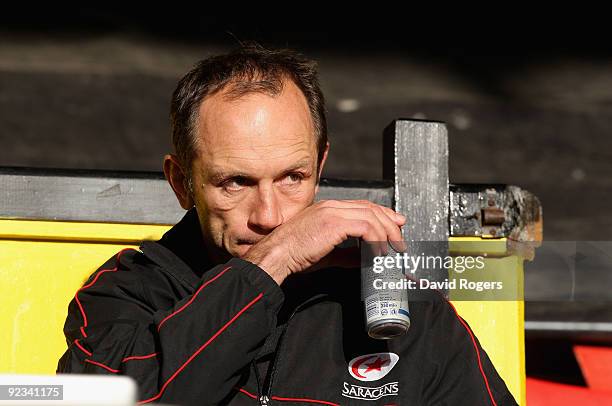 Brendan Venter, the Saracens director of rugby looks on during the Guinness Premiership match between Saracens and Leeds Carnegie at Vicarage Road on...