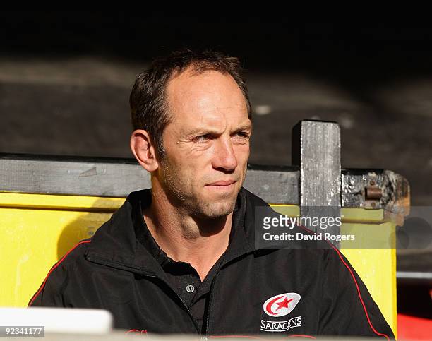 Brendan Venter, the Saracens director of rugby looks on during the Guinness Premiership match between Saracens and Leeds Carnegie at Vicarage Road on...