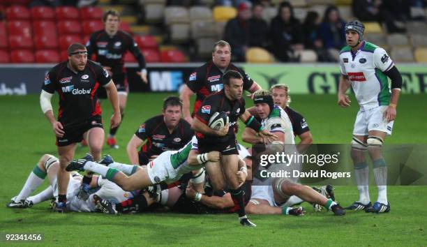 Neil de Kock, of Saracens makes a break during the Guinness Premiership match between Saracens and Leeds Carnegie at Vicarage Road on October 25,...