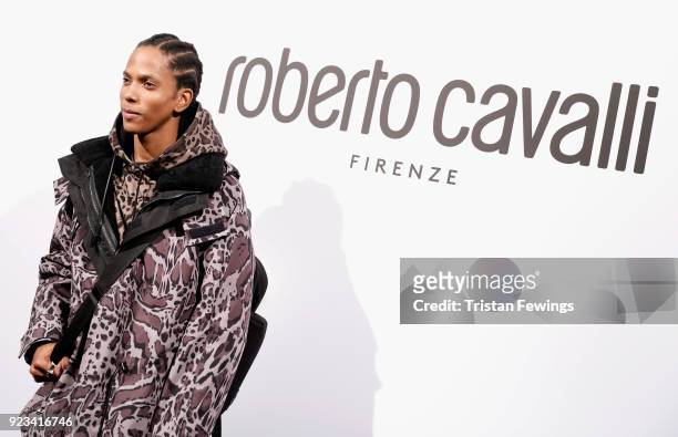 Model is seen backstage ahead of the Roberto Cavalli show during Milan Fashion Week Fall/Winter 2018/19 on February 23, 2018 in Milan, Italy.