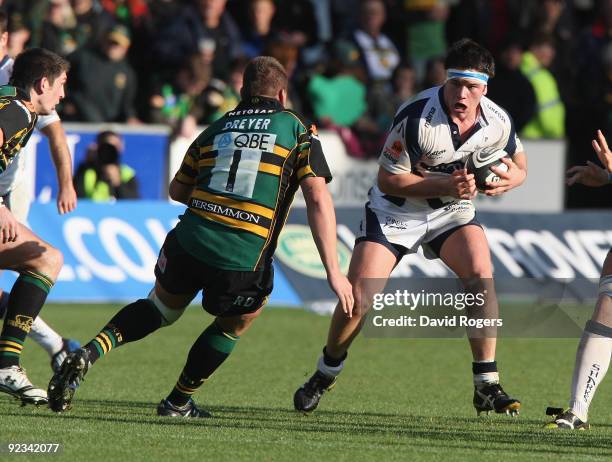 Marc Jones of Sale charges upfield during the Guinness Premiership match between Northampton Saints and Sale Sharks at Franklin's Gardens on October...