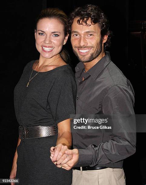 Alex Mazo and Natalie Coughlin pose backstage at "Burn The Floor" on Broadway at The Longacre Theater on October 26, 2009 in New York City.