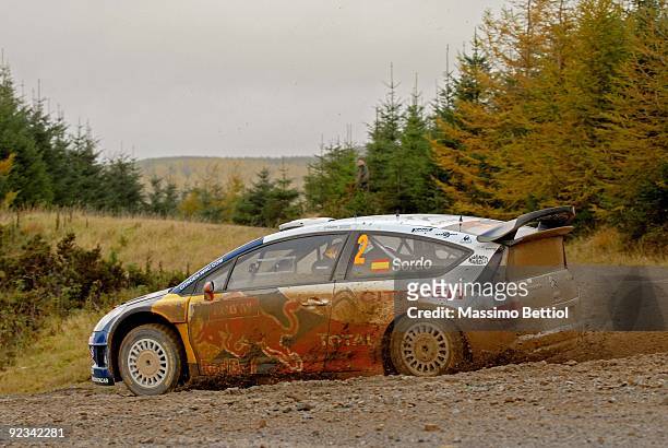 Daniel Sordo of Spain and Marc Marti of Spain compete in their Citroen C 4 Total during Leg 3 of the WRC Wales Rally GB on October 25, 2009 near...