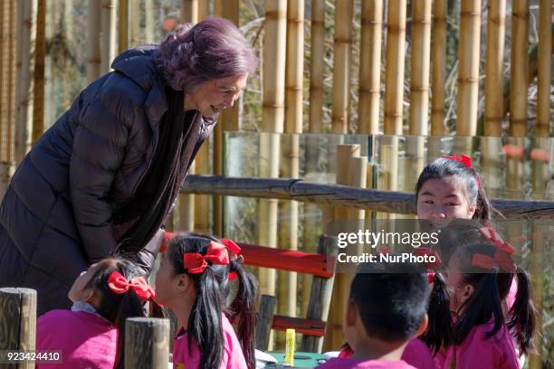 Queen Sofia of Spain attends an official act for the conservation of giant panda bears at the Zoo Aquarium on February 23, 2018 in Madrid, Spain.