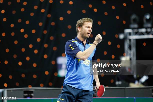 Par Gerell of Sweden during ITTF World Cup match between Anton Kallberg and Par Gerell of Sweden and Emmanuel Lebesson Alexandre Cassin of France,...