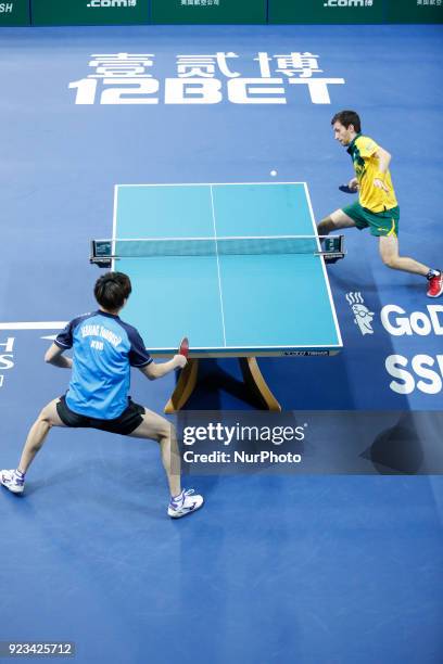 Youngsin JEOUNG of Korea Republic and David POWELL of Australia during ITTF World Cup match, group 2 and 3 matches on February 23, 2018 in Olympic...