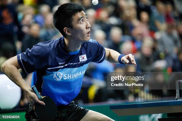 Sangsu LEE of Korea Republic and Heming HU of Australia during ITTF World Cup match between Sangsu LEE of Korea Republic and Heming HU of Australia,...