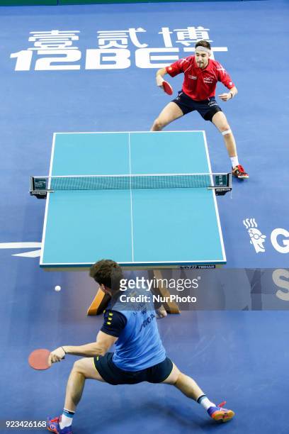Kristian Karlson of Sweden and Quentin Robinot of France during ITTF World Cup match between Kristian Karlson of Sweden and Quentin Robinot of...