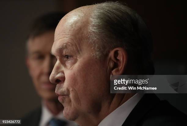 Gov. Bill Walker speaks as Gov. John Hickenlooper listens during a press conference February 23, 2018 in Washington, DC. Three governors unveiled a...