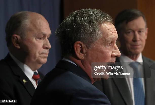 Gov. John Kasich , Gov. John Hickenlooper , and Gov. Bill Walker speak during a press conference February 23, 2018 in Washington, DC. The three...