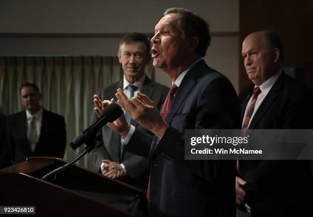 Gov. John Kasich , Gov. John Hickenlooper , and Gov. Bill Walker speak during a press conference February 23, 2018 in Washington, DC. The three...