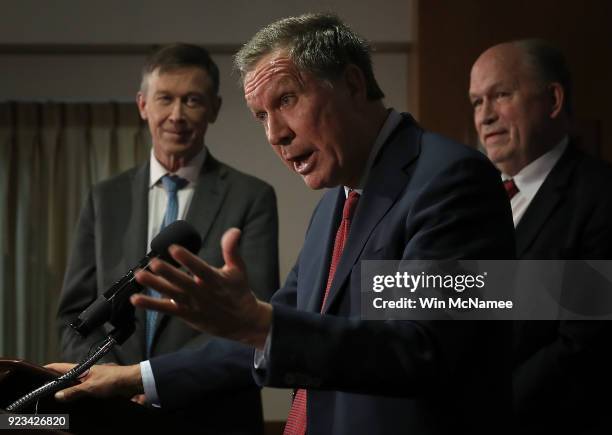 Gov. John Kasich , Gov. John Hickenlooper , and Gov. Bill Walker speak during a press conference February 23, 2018 in Washington, DC. The three...