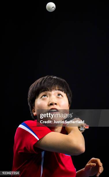 Song I Kim of People's Republic of Korea serves against Lin Gui of Brazil during the ITTF Team World Cup Table Tennis at Copper Box Arena on February...