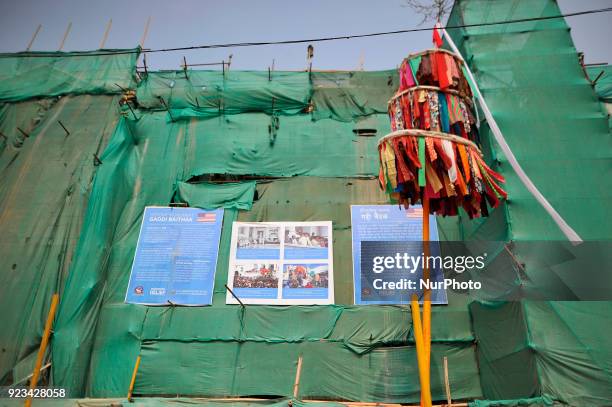 The erecting ceremonial Bamboo Log known as &quot;Chir&quot; along with the vibrant cloth strips, which representing good luck charms, on the first...