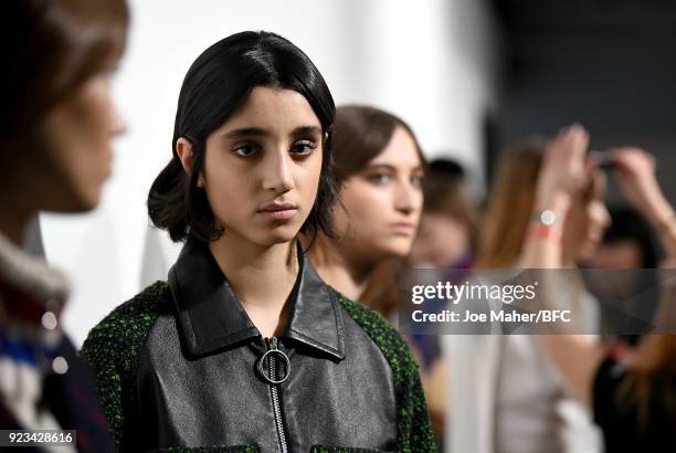 Models backstage prior to the Jamie Wei Huang show during the London Fashion Week Festival February 2018 on February 23, 2018 in London, United...