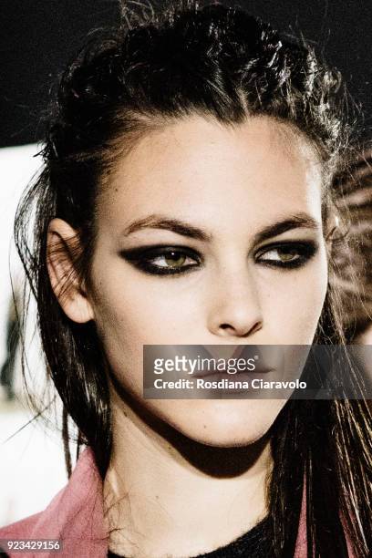 Model Vittoria Ceretti is seen backstage ahead of the Max Mara show during Milan Fashion Week Fall/Winter 2018/19 on February 22, 2018 in Milan,...