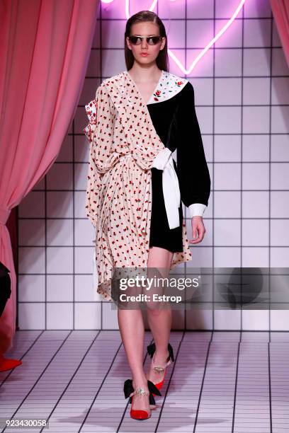 Model walks the runway at the Vivetta show during Milan Fashion Week Fall/Winter 2018/19 on February 22, 2018 in Milan, Italy.