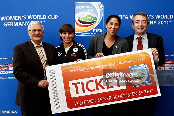 Theo Zwanziger, president of the German Football Association DFB, Ariane Hingst of the German national football team, Steffi Jones, president of the...