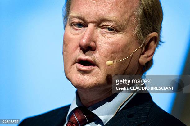 Of Swedish Automotive maker Scania, Leif Oestling speaks during a press conference announcing the 2009 third quarter result in Stockholm on October...