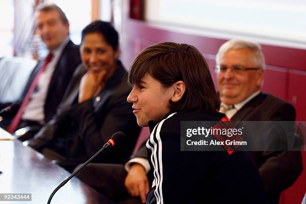 Ariane Hingst of the German national football team, talks to media during the kick off press conference for the FIFA Women's World Cup 2011 ticket...