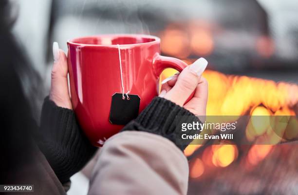 woman holding a red cup of tea outside in the cold by a fire - edmonton winter stock pictures, royalty-free photos & images