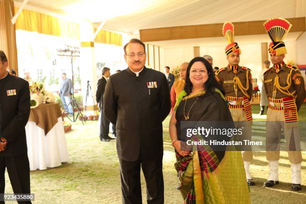 Dependra Pathak, Special Commissioner Of Police with his wife Geeta during the reception of 71st Raising Day of Delhi Police on February 20, 2018 in...