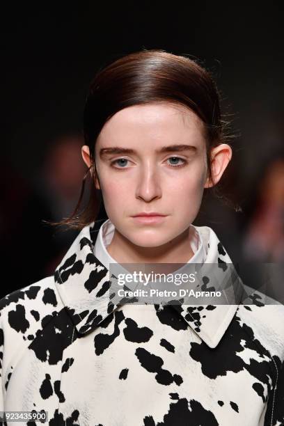 Model walks the runway at the Brognano show during Milan Fashion Week Fall/Winter 2018/19 on February 23, 2018 in Milan, Italy.