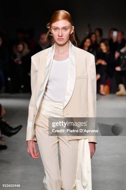 Model walks the runway at the Brognano show during Milan Fashion Week Fall/Winter 2018/19 on February 23, 2018 in Milan, Italy.