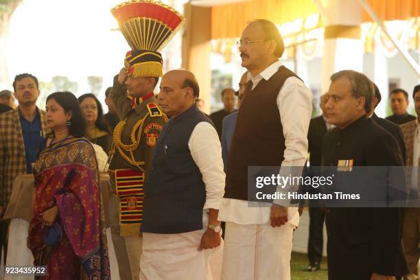 Union Home Minister Rajnath , Vice President Venkaiah Naidu , Delhi Police Commissioner Amulya Patnaik and Suchana Patnaik during the reception of...