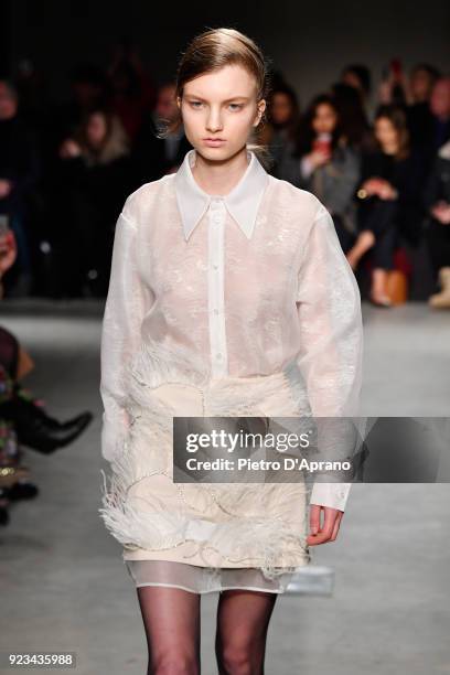 Model walks the runway at the Brognano show during Milan Fashion Week Fall/Winter 2018/19 on February 23, 2018 in Milan, Italy.