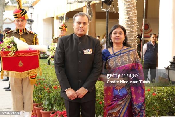 Delhi Police Commissioner Amulya Patnaik with Suchana Patnaik during the reception of 71st Raising Day of Delhi Police on February 20, 2018 in New...