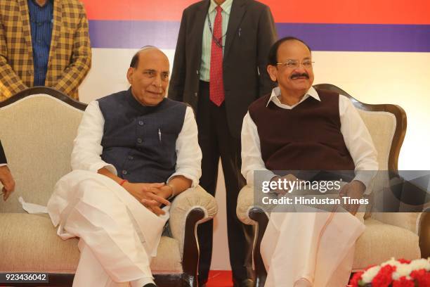 Union Home Minister Rajnath Singh with Vice President Venkaiah Naidu during the reception of 71st Raising Day of Delhi Police on February 20, 2018 in...