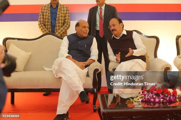 Union Home Minister Rajnath Singh with Vice President Venkaiah Naidu during the reception of 71st Raising Day of Delhi Police on February 20, 2018 in...