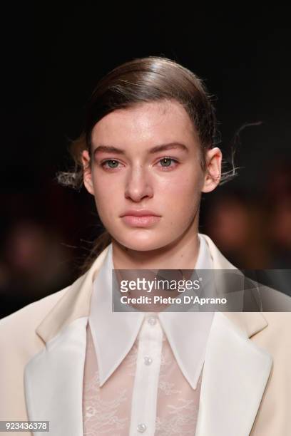 Model walks the runway at the Brognano show during Milan Fashion Week Fall/Winter 2018/19 on February 23, 2018 in Milan, Italy.